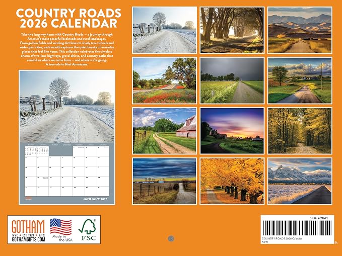 Country Roads Calendar 2026 Wall Monthly 12 Month | American Made In The USA