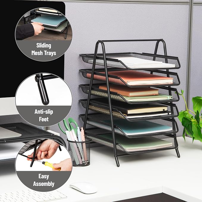 Mind Reader 6-Tier Paper Tray, Desktop Organizer, File Storage, Office, Metal Mesh, Black