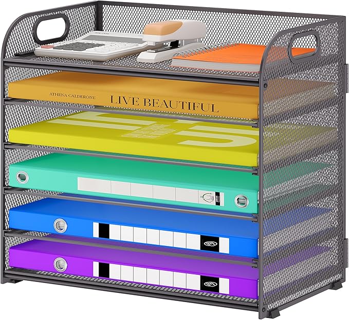 Cawukege 6 Tier Paper Organizer with Handle, Metal Desk Organizer Mesh Paper Letter Tray Desktop File Folder Document Sorter for Classroom, School, Office Accessories Storage (1, 6 Tier - Gray)