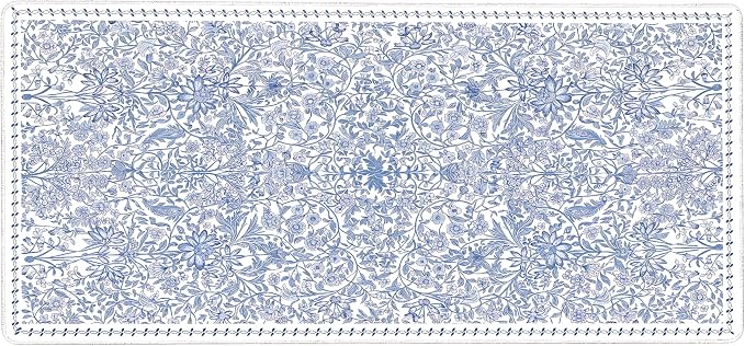 Cute Floral Aesthetic Daisy Gaming Mouse Pad, White Blue Chinoiserie Desk Mat with Anti-Slip Base & Stitched Edges, Office & Home Desk Decor for Women, 35.4" x 15.7" in Computer Desktop Mat