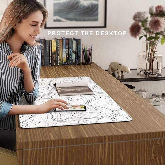 Cacoy 36"x20" Topographic Gaming Mouse Pad XXL, Extended Computer Desk Mat | White Topographic Contour Line Large Desk Pad for Keyboard and Mouse with Non-Slip Rubber Base Stitched Edges for Office Home