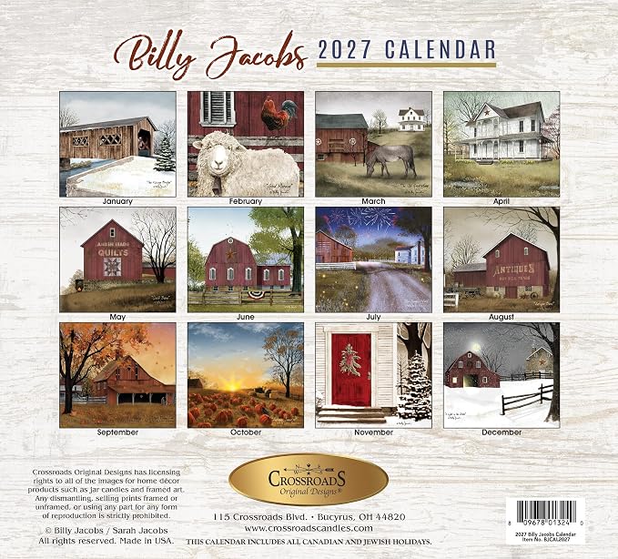 Billy Jacobs 2027 Wall Calendar, Artwork Theme, 13 x 23.5 Inches, USA Made