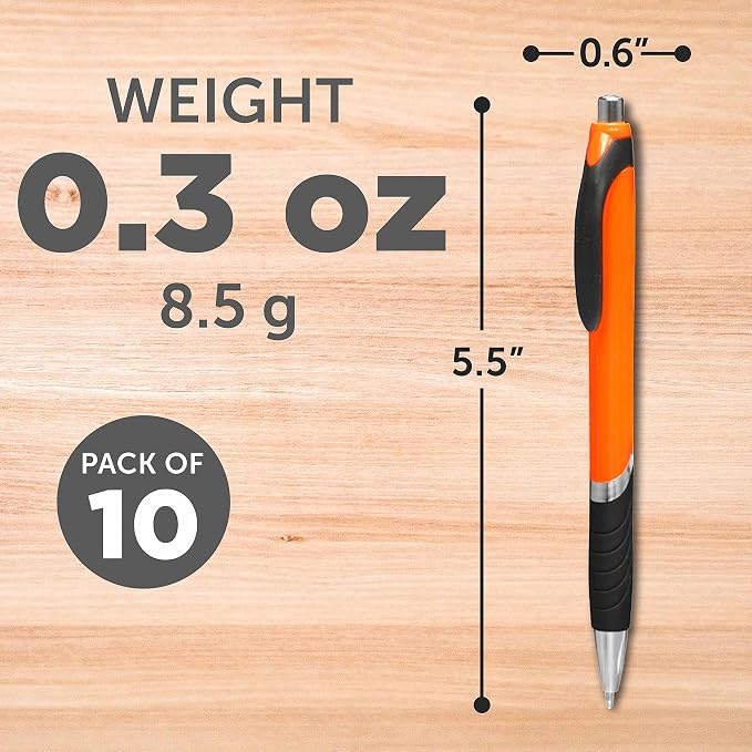 DISCOUNT PROMOS Ballpoint Pens With Rubber Grip - 10 pack - Black Ink Ball Point Pen with Soft Touch Plastic - Orange