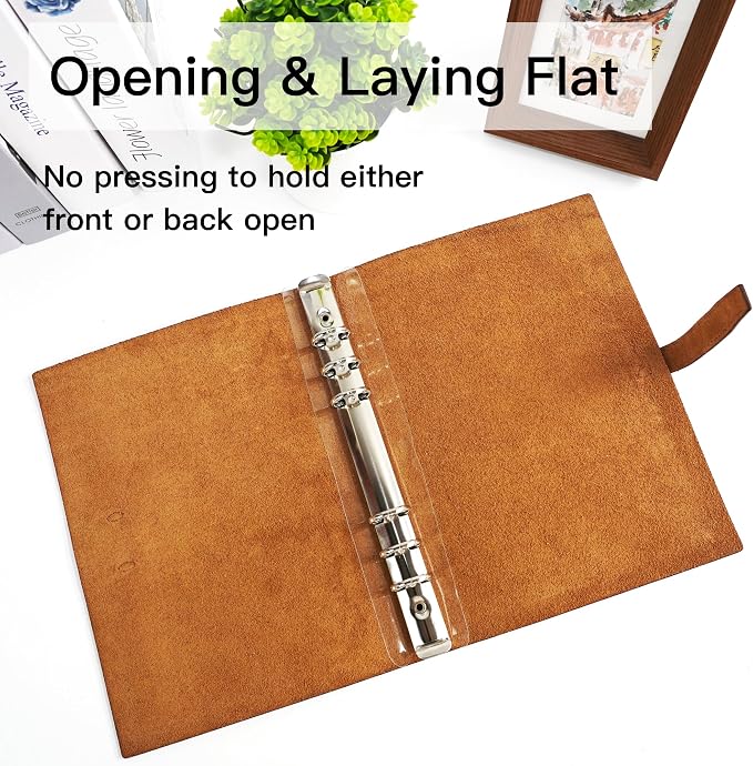 Refillable A5 Leather Binder Notebook, Reusable Leather Journal, Vintage Organizer with 6-Ring Metal Binder, for Writers Business Work Study College and Daily (No inner pages)