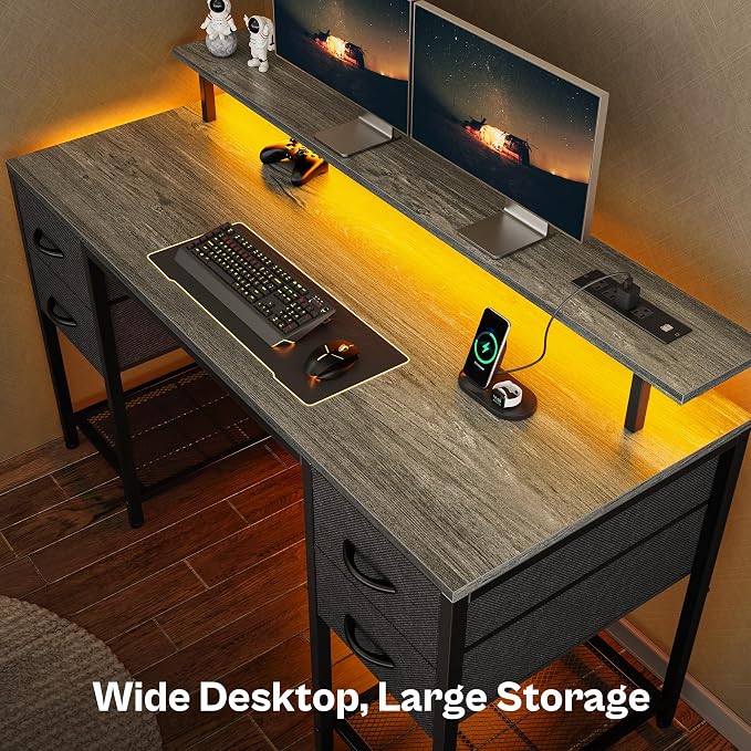 Huuger 55 inch Computer Desk with Power Outlets & 4 Drawers | Gaming Desk with LED Lights, Home Office Desk with Large Storage Space for Bedroom, Work from Home, Grey