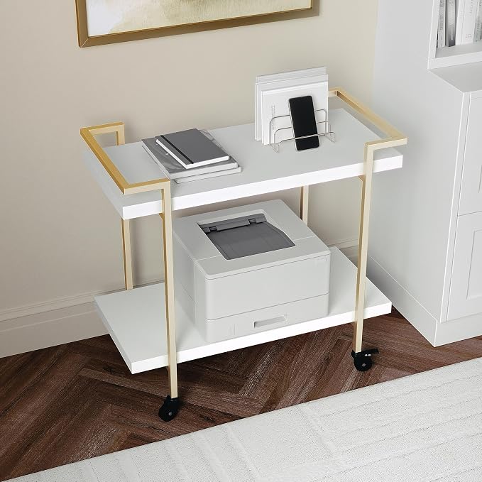 Martha Stewart Liam 2-Tier Mobile Office Storage and Printer Cart, White | Polished Brass Frame