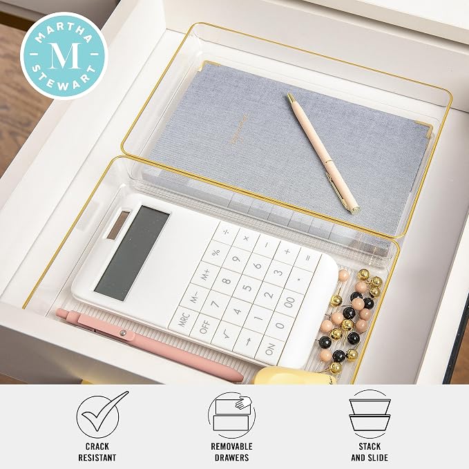 Martha Stewart Kerry Stackable Desk Drawer Organizers, Clear/Gold, 3-Pack | 9x6 in Organizers, Gold Trim, Stackable