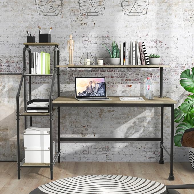 Antwonette Industrial Metal Office Desk with Reversible 3-Shelf Bookcase, LED Light, USB Port for Workstation, Home Office, Study Room, Light Oak Brown and Black