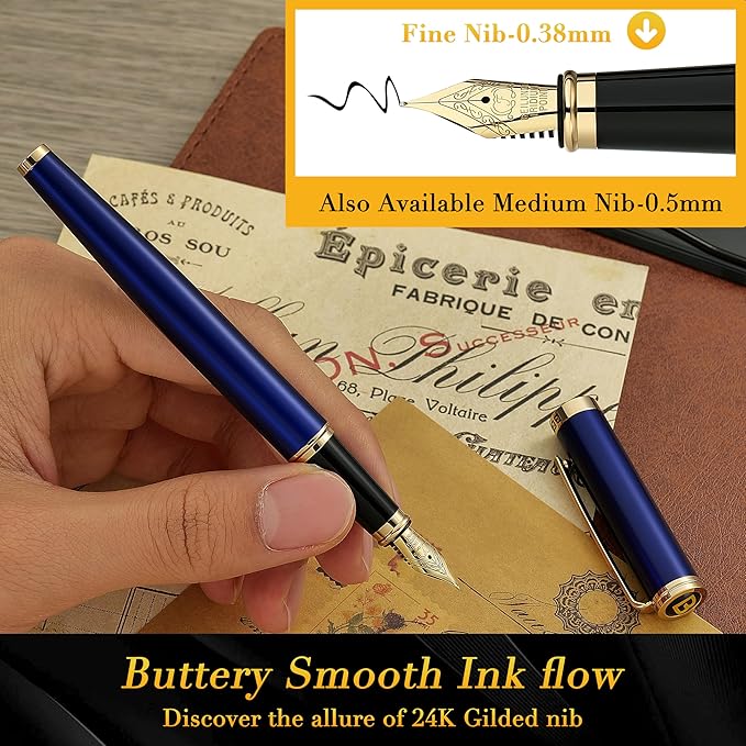BEILUNER Blue Personalized Fountain Pen,Stunning Luxury Lacquer,24K Gilded Nib(Fine),Gorgeous 24K Gold Finish, Ink Converter,Fancy Gift for Men&Women-Elegant, Graduation,Nice Pens for Writing