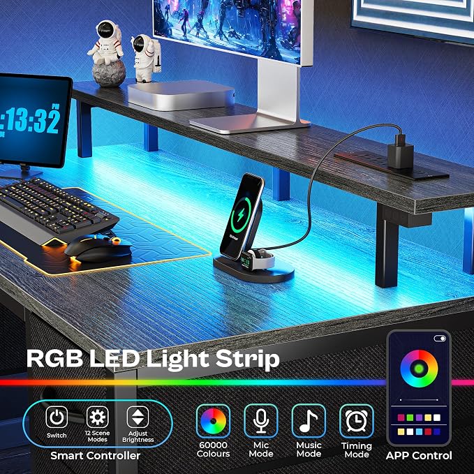 Huuger 47 inch Computer Desk with Power Outlets & 4 Drawers | Gaming Desk with LED Lights, Home Office Desk with Large Storage Space for Bedroom, Work from Home, Grey
