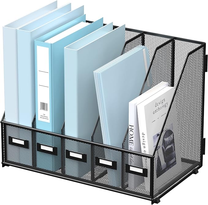 Desk Organizers Metal Desk Magazine File Holder with 5 Vertical Compartments Rack File Organizer for Office Desktop, Classroom, Home Workspace, Black