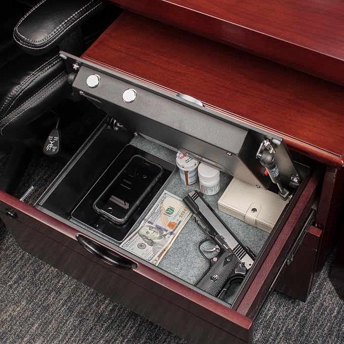 Barska AX11556 Biometric Fingerprint Top Opening Security Drawer Safe Box 0.23 Cubic Ft, Multi, One Size | Biometric fingerprint lock with hydraulic door and steel bolts for firearms, jewelry and documents