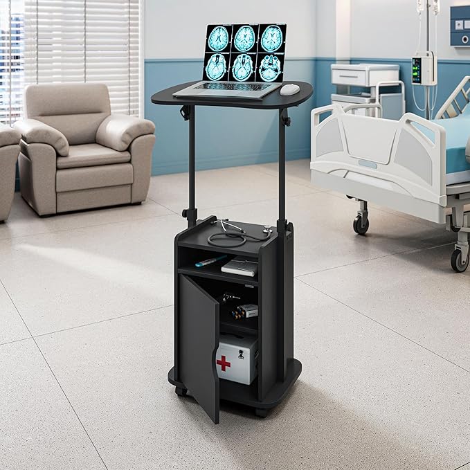 Techni Mobili Adjustable Laptop Cart w/Storage, Rolling Mobile Desk, Black | Adjustable laptop cart with storage cabinet, shelf, locking wheels, sit‑stand height for home office, bedside, classroom