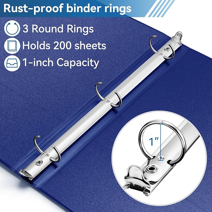SUIN 1-inch 3 Ring Binder with 2 Interior Pockets, 1''Durable Binders Holds US Letter Size 8.5'' x 11'' Paper - Versatile Binders for Office, Home, and School Use, 6 Pack, Assorted Rainbow Colors