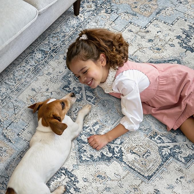 GENIMO Runner Rug 2'6"x7, Non Slip Vintage Hallway Runner Rugs, Low Pile Lightweight Machine Washable Mat for Hallway, Entryway, Bedroom, Kitchen and Corridor, Blue