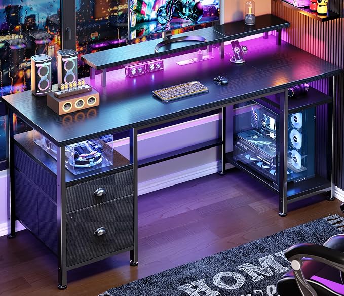 Furologee 51" Gaming Desk with Power Outlets & LED Lights, Reversible Computer Desk with File Cabinet & Monitor Stand for Home Office, Large Work Table with Storage Shelves & Drawer, Black