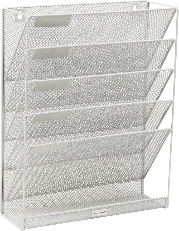 Mind Reader 5-Pocket Vertical File Storage, Desktop Organizer, Wall Mount, Office, Metal Mesh,White