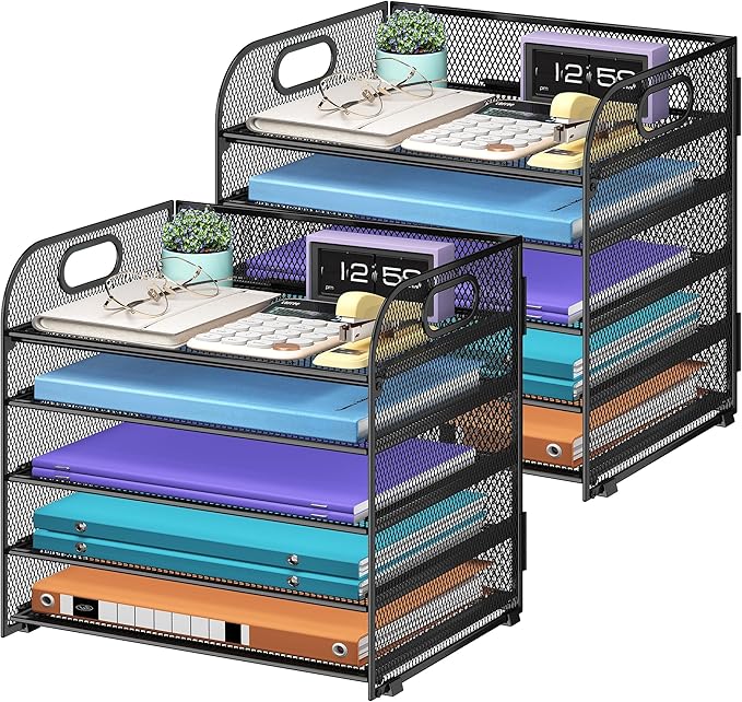 Cawukege 2 Pack 5 Tier Paper Organizer, Letter Tray with Handle, Mesh Desk Organizer, Metal File Organizer, Office Desk Accessories for Home, Office, Classroom, School -Black