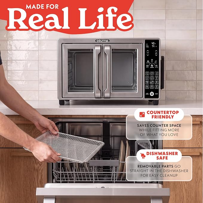 Gourmia French Door Air Fryer Toaster Oven - 6 Slice Capacity, Temperature Probe, 18 Cooking Presets, FryForce, Digital Display, 3 Rack Positions, Dishwasher-Safe Accessories, Stainless Steel