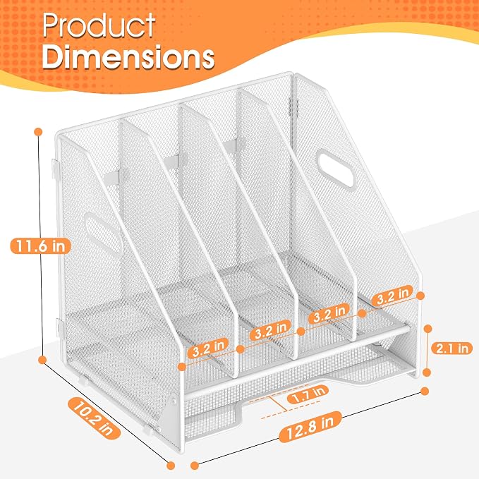 4 Vertical Mesh Desk Organizer with Paper Letter Tray, White | Sorting racks with lower letter tray section. Multipurpose mesh desktop space saver for home office and school