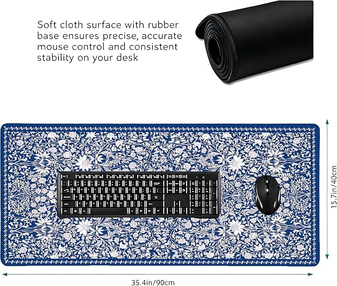 Cute Floral Aesthetic Daisy Gaming Mouse Pad, White Blue Chinoiserie Desk Mat with Anti-Slip Base & Stitched Edges, Office Supplies & Desk Decor for Women, 35.4" x 15.7" in Home Office Essentials