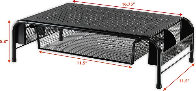 Simple Houseware Metal Desk Monitor Stand Riser w/ Drawer, 2-Pack, Black | Side Storage for Office Supplies