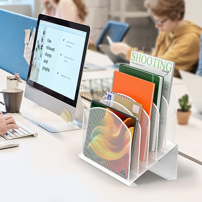 Delifox Inclined Desk File Organizer,Vertical File Folder Holder Stand Metal Rack File Sorter for Office Classroom Desktop Organization (2, White, 5)