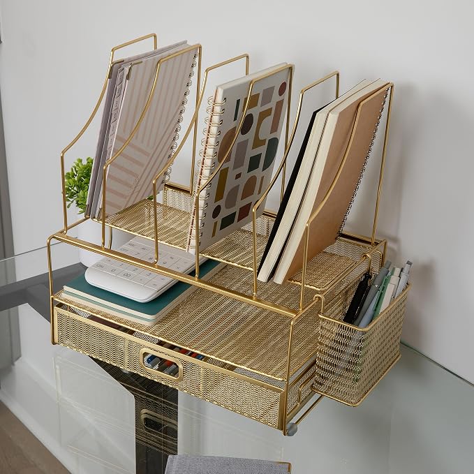 Martha Stewart Ryder Mesh Metal Desktop Organizer with Drawer, Gold | Steel Mesh, Gold Finish