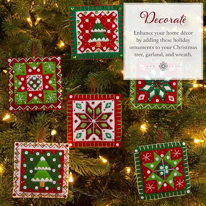 Bucilla Felt Applique 4 Piece Ornament Making Kit, Holiday Quilt Squares, Perfect for DIY Arts and Crafts, 89753E