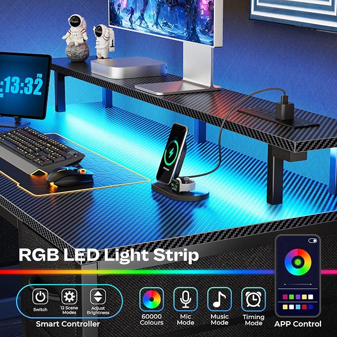 Huuger 47 inch Computer Desk with Power Outlets & 4 Drawers | Gaming Desk with LED Lights, Home Office Desk with Storage Space, Work from Home, Carbon Fibre Black