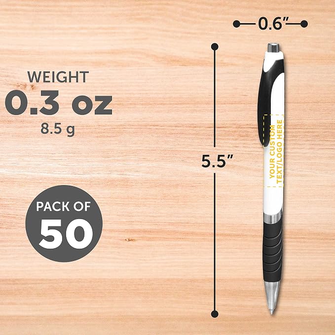 DISCOUNT PROMOS Ballpoint Pens With Rubber Grip - 50 pack - Customizable Text, Logo - Black Ink Ball Point Pen with Soft Touch Plastic - White