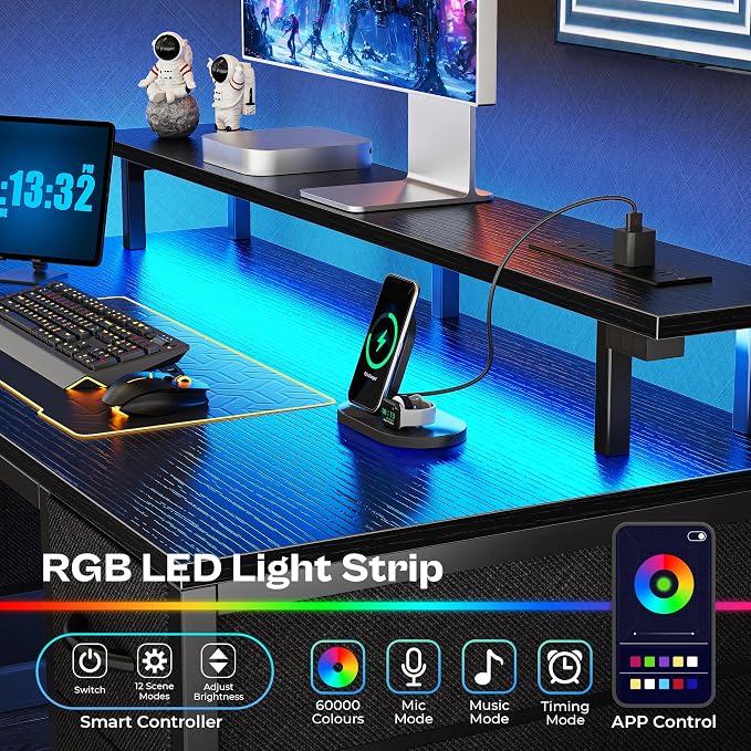 Huuger 55 inch Computer Desk with Power Outlets & 4 Drawers | Gaming Desk with LED Lights, Home Office Desk with Large Storage Space for Bedroom, Work from Home, Black