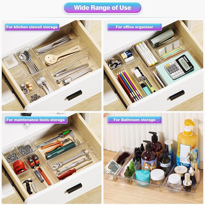 47 PCS Clear Plastic Drawer Organizer Set, Makeup Organizer Trays | 4-Size Desk Drawer Divider, Bathroom Organizers and Storage Bins for Makeup, Jewelry, Gadgets, Office, Kitchen, Bedroom
