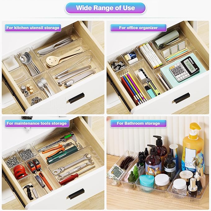 15 PCS Clear Plastic Drawer Organizer Set, Makeup Organizer Trays | 4-Size Desk Drawer Divider, Bathroom Organizers and Storage Bins for Makeup, Jewelry, Gadgets, Office, Kitchen, Bedroom