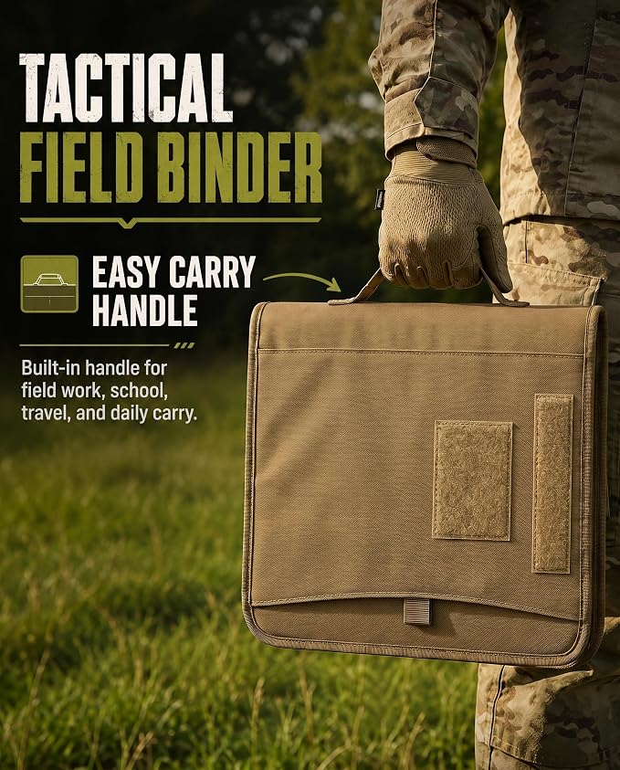 Tactical Padfolio, Detachable 3-Ring Binder with Zipper | Multi-pocket nylon organizer with carry handle, 40 letter-size sheets, pen and compass for field work, office and school