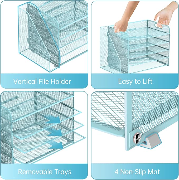 5-Tier Desk Organizer with File Holder, Paper Organizer for Desk, Blue | 5 Letter Trays and Vertical File Holder with Metal Mesh Frame for Papers Folders Books and Mail in Office Home or School
