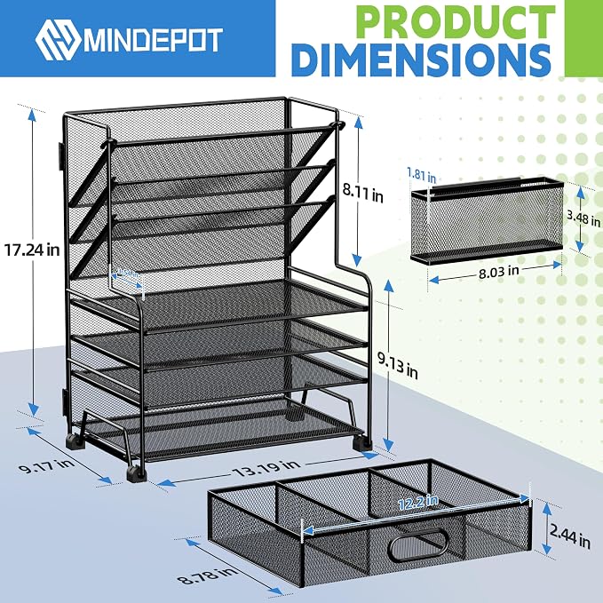 MINDEPOT 4-Tier Paper Organizer + 3-Pocket File Holder + Drawer + Pen Holders, Desktop File Organizers Paper Tray for Office Accessories School Classroom Organization (Black)