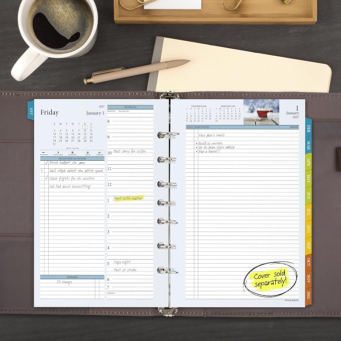 AT-A-GLANCE 2027 Planner Refill Daily & Monthly, 5.5" x 8.5", Desk Size 4, Two Page Per Day Refill, 7-Ring Loose-Leaf, Zenscapes (281-225-27)
