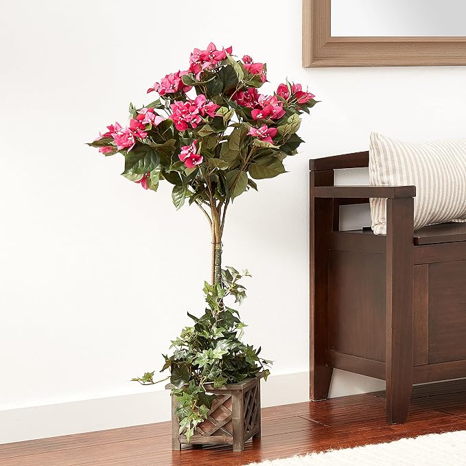Nearly Natural 34 in Artificial Bougainvillea Topiary with Wood Box | Lifelike Pink Blooms, Maintenance-Free Lush Greenery, Rustic Decorative Wood Box, Indoor Home and Office Accents