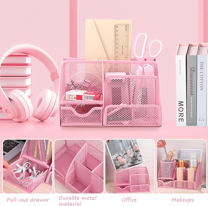 Pink Office Desk Accessories Supplies, 12pcs Desk Organizers and Accessories with Tape dispenser and Stapler,Staples,Staple Remover,Pen Holder,Scissor,Ruler,Sticky Tabs,Tape,Ballpoint Pen,Clips Set