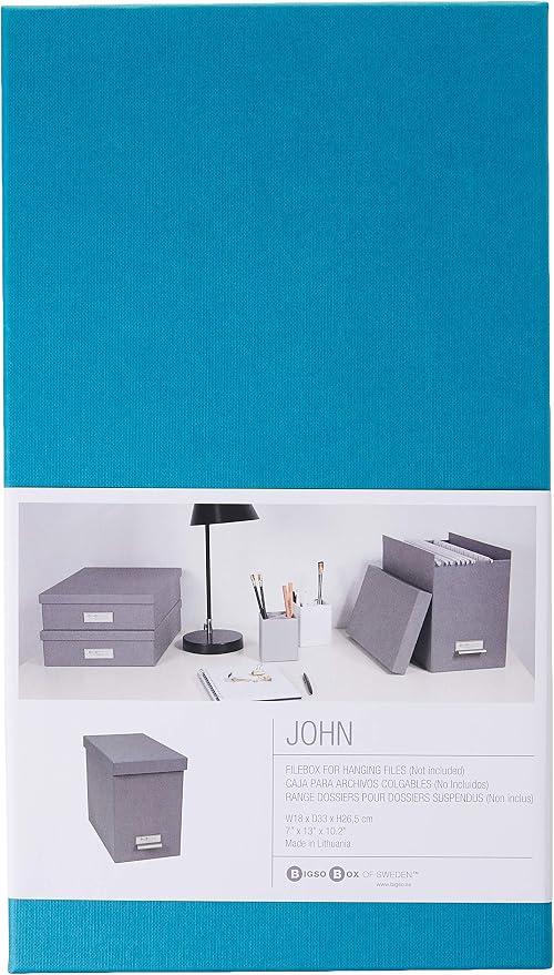 Bigso John Fiberboard Label Frame Desktop File Storage Box - Document Organizer for Important Paperwork - Durable Hanging File Box with a Lid & Metal Label Window - 7.36 x 13.38 x 10.51 in - Turquoise
