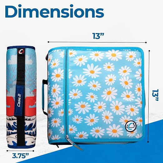 Case-it School Zipper Binder | 3" O-Rings | 600-Sheet | D-146 Light Blue | Mighty Zip Tab, 5-Color Tab Expanding File Folder, Multiple Pockets, Shoulder Strap, Daisy Design, Office