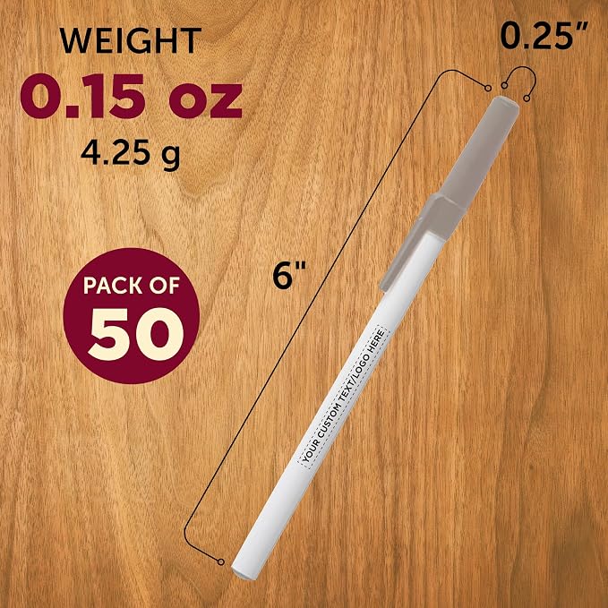 DISCOUNT PROMOS Custom Value Stick Pens Set of 50, Personalized Bulk Pack - Black Ink, Great for Office, School, Business, Tradeshows, Events - Grey