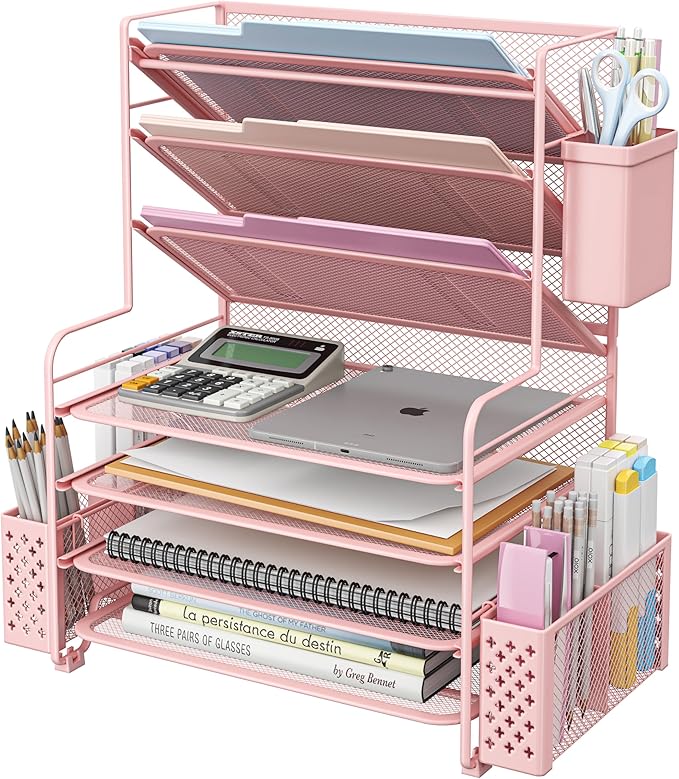 Simple Trending 7 Tier Desk File Organizer, Letter Tray Paper Organizer with Pen Holder and Metal Hanging Basket, Pink