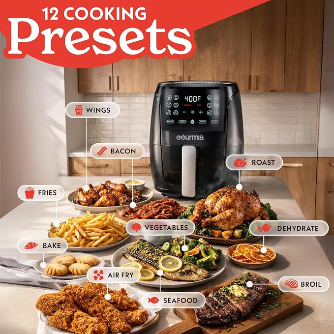 Gourmia Air Fryer - 4 Qt Capacity, FryForce360º, Digital Display with 8 Presets, Roast, Bake, Broil, Dehydrate, Dishwasher Safe Accessories, Compact, Black
