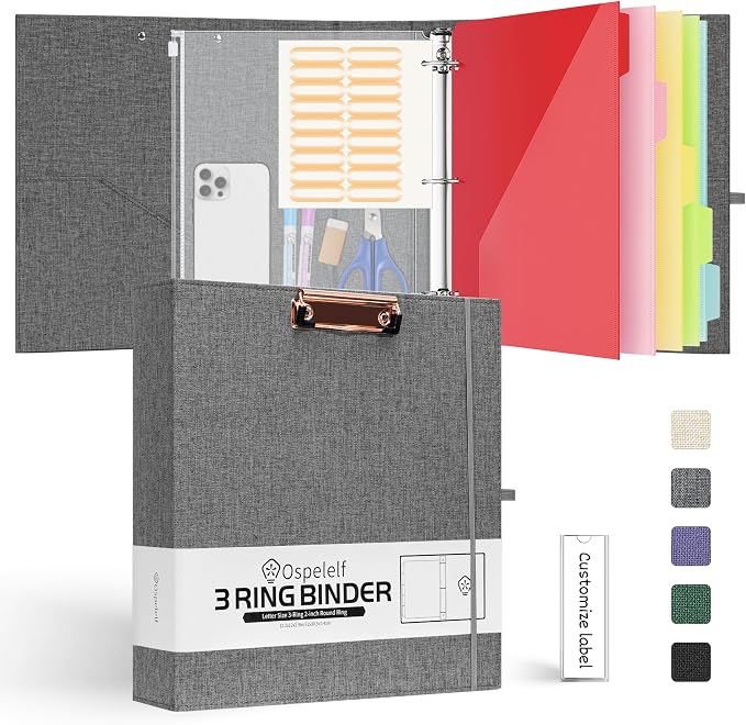 Ospelelf 2 Inch 3 Ring Binder Organizer with Zipper Pouch, 5 Plastic Folders with 10 Pockets, Linen Clipboards for Letter Size (8.5" x 11"), Hardcover School Binder, Darkgrey