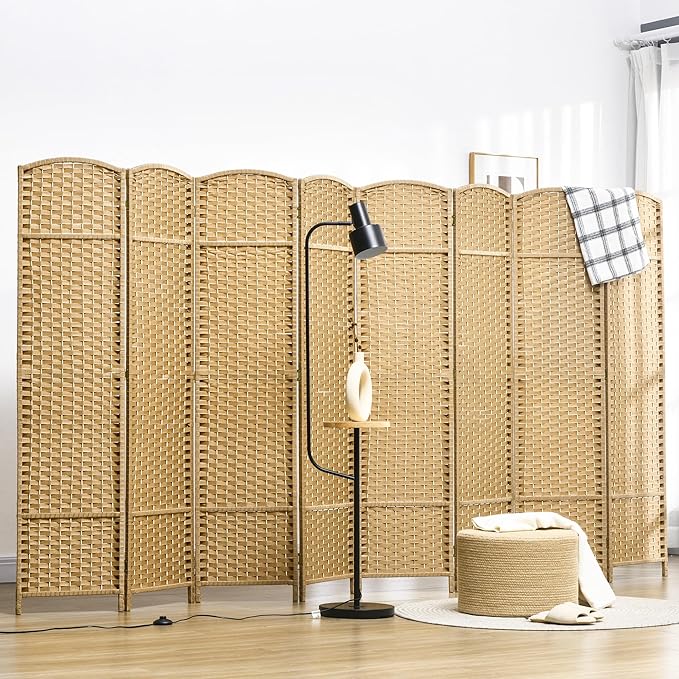 HOMCOM Room Divider, 8 Panel Folding Privacy Screen, 5.6' Tall Freestanding Wall Partition for Home Office, Bedroom, Nature Wood