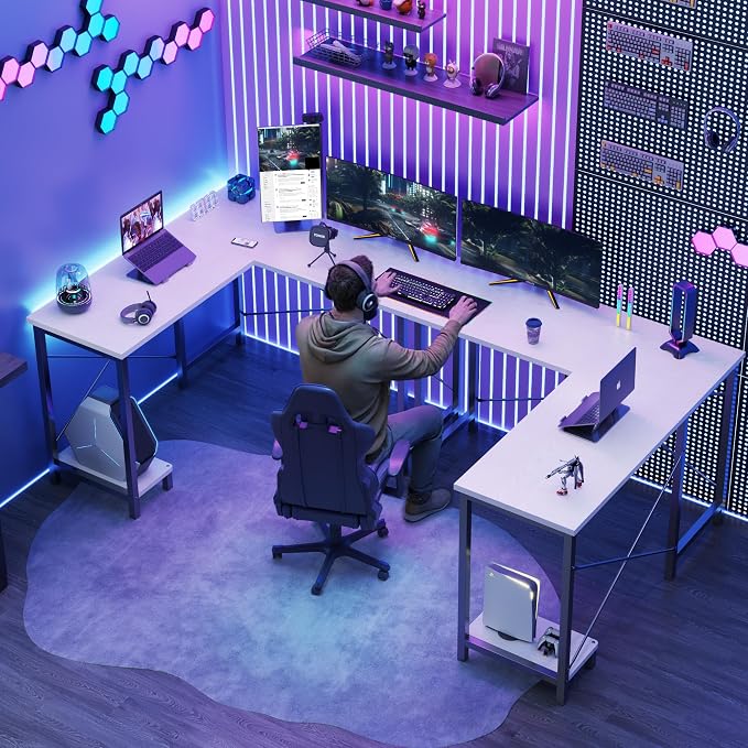 DUMOS 50-Inch Reversible L Shaped Desk with CPU Shelf, White | Computer Desk with Sturdy Metal Frame, Corner Gaming Desk, Home Office Desk for Study, Writing and Work, Sturdy Modern Design