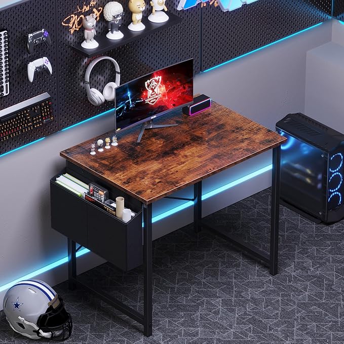 OLIXIS Small Computer Desk, 31 Inch Gaming Desks for Home Office | Writing Study Craft Work Table, Computer Workstation for Bedroom Small Spaces with Storage Bag, Brown