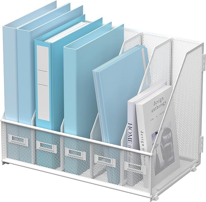 Desk Organizers Metal Desk Magazine File Holder with 5 Vertical Compartments Rack File Organizer for Office Desktop, Classroom, Home Workspace, White